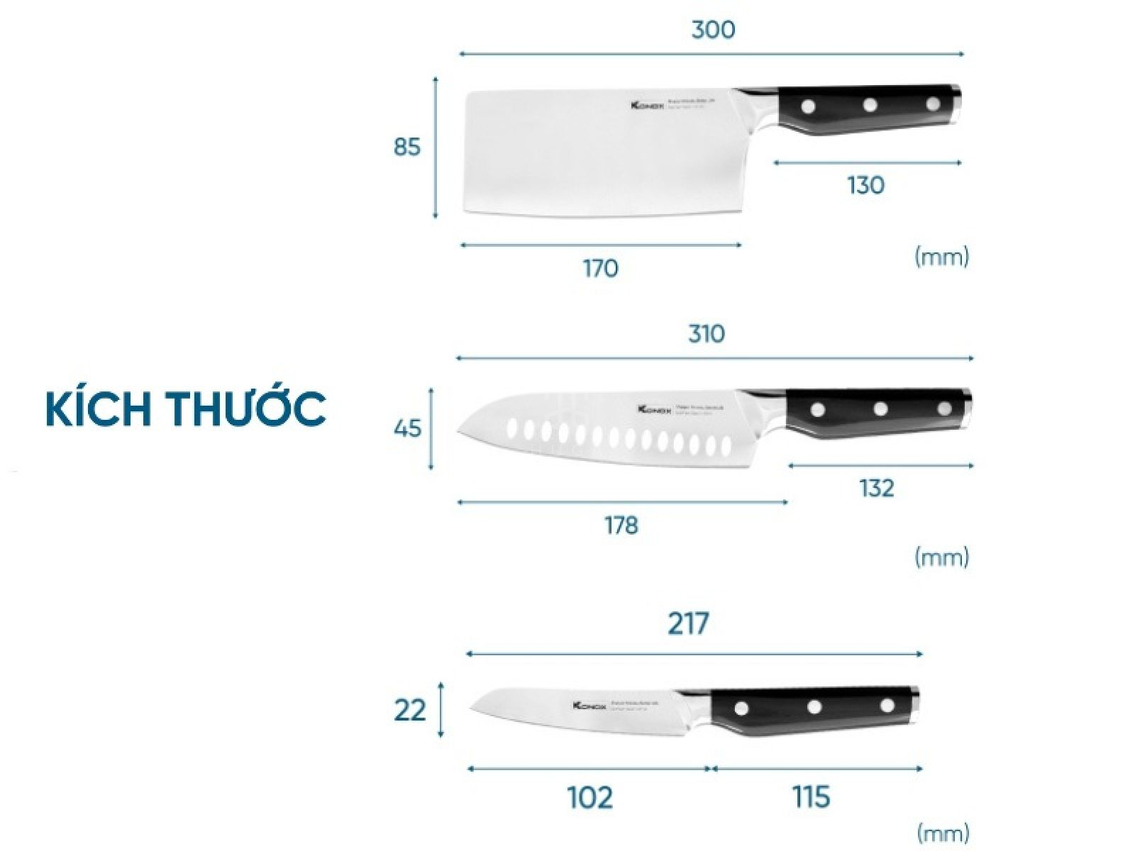 Kích thước bộ 3 dao bếp cao cấp Konox