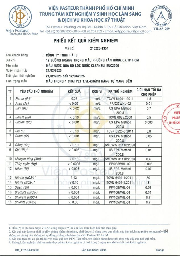 kết quả kiểm tra nước sau lọc từ euc2000