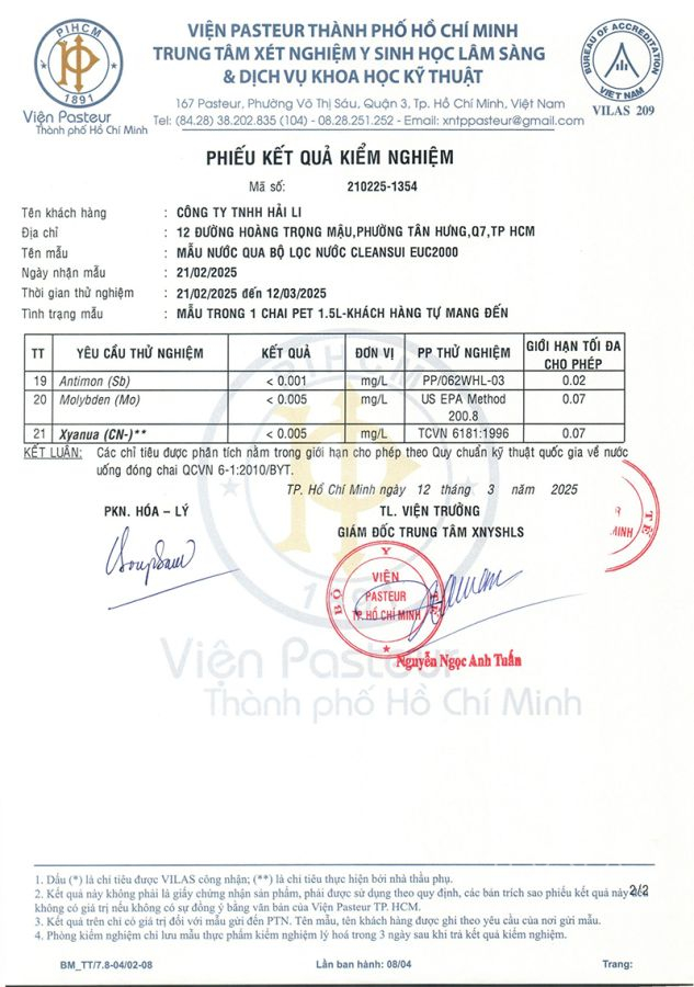 kết quả kiểm tra nước sau lọc từ euc2000