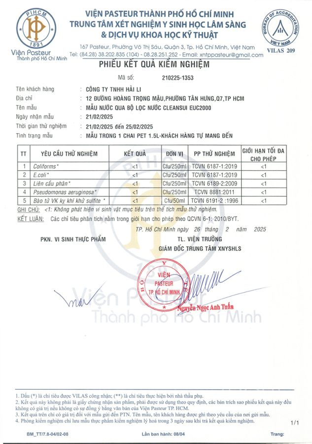kết quả kiểm tra nước sau lọc từ euc2000
