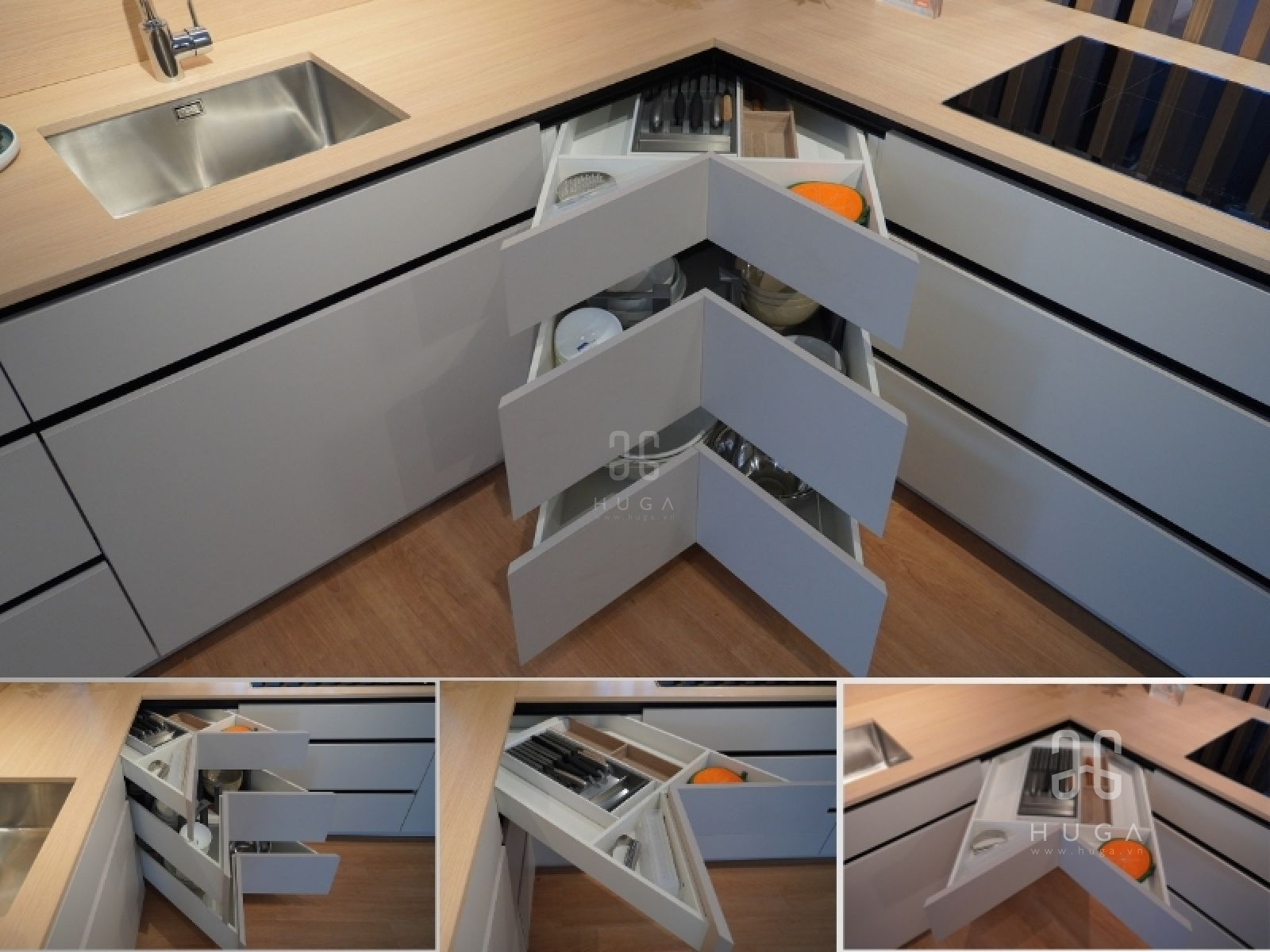Giải ph&aacute;p ngăn k&eacute;o g&oacute;c Space Corner cho tủ bếp chữ L, chữ U