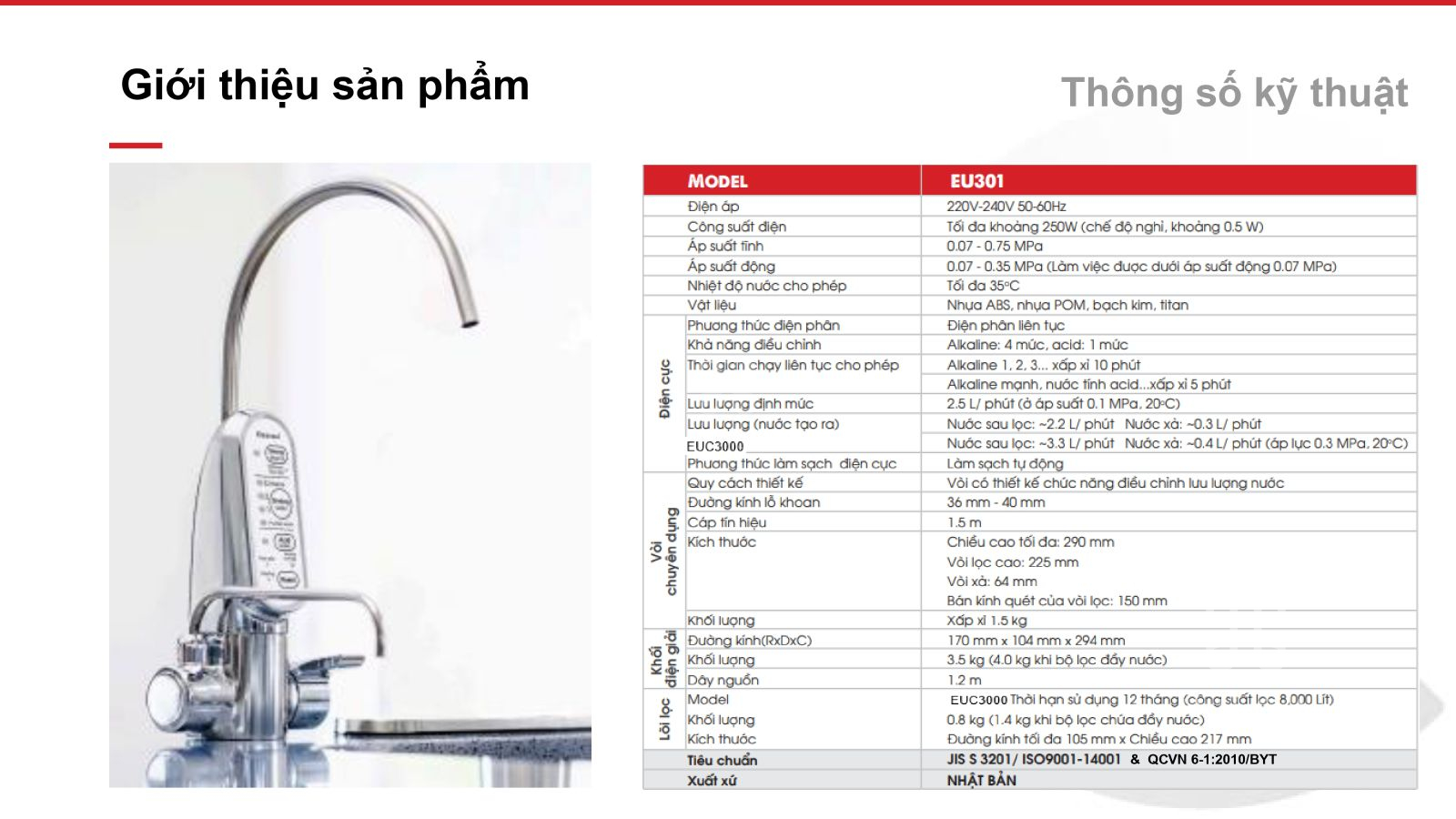 th&ocirc;ng số kỹ thuật cleansui EU301