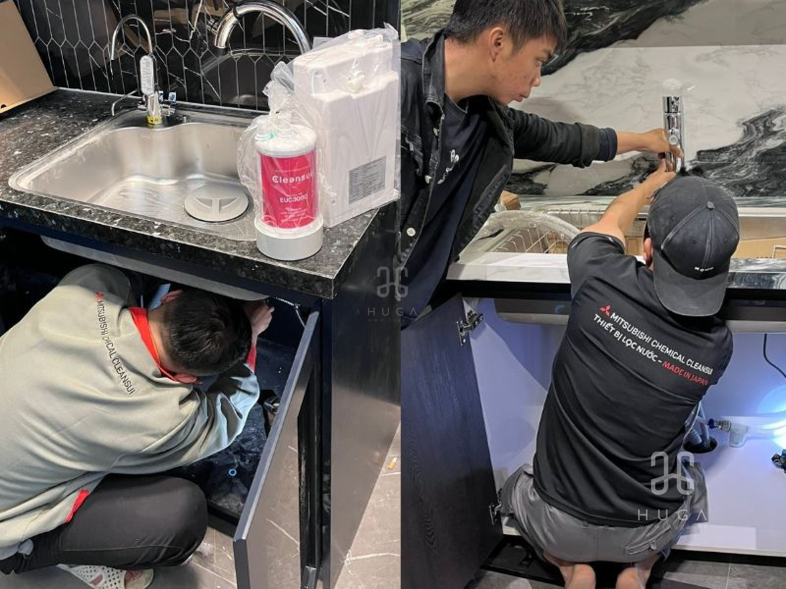 Đội ngũ kỹ thuật HUGA lắp đặt chuẩn xác hệ thống Cleansui EU301, đảm bảo tính thẩm mỹ và an toàn tuyệt đối cho hệ tủ bếp