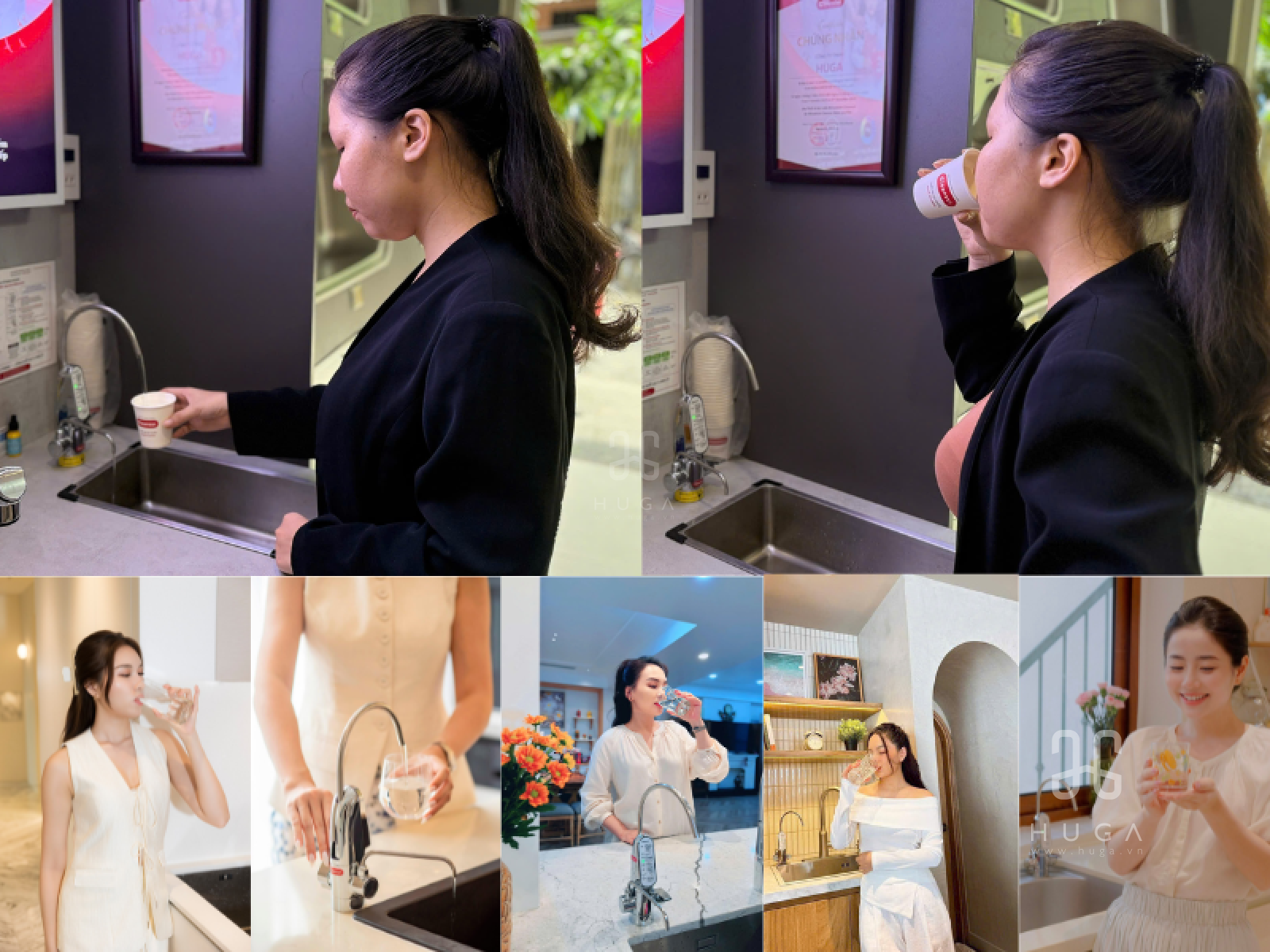 Khu vực trưng bày và uống thử nước ion kiềm trực tiếp từ máy Cleansui EU301 tại Showroom HUGA