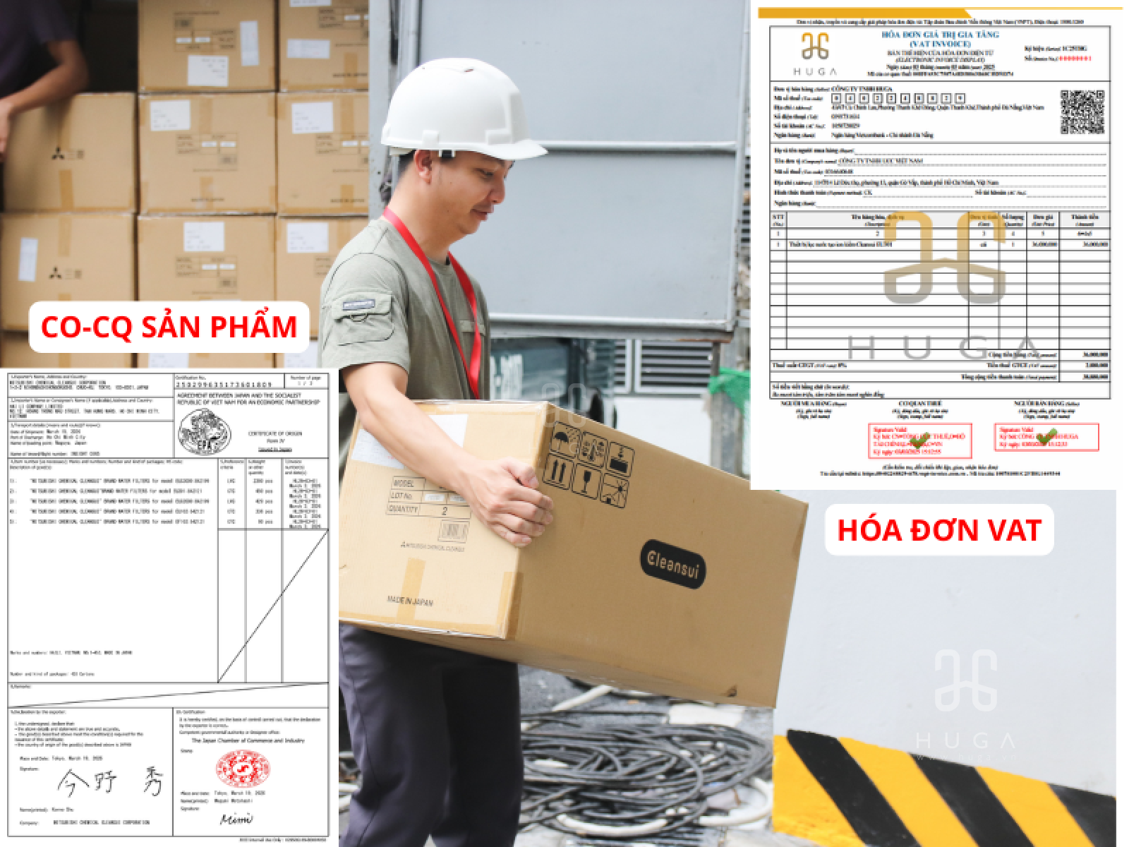 Sản phẩm Cleansui EU301 tại HUGA luôn minh bạch 100% giấy tờ, xuất VAT và CO-CQ đầy đủ
