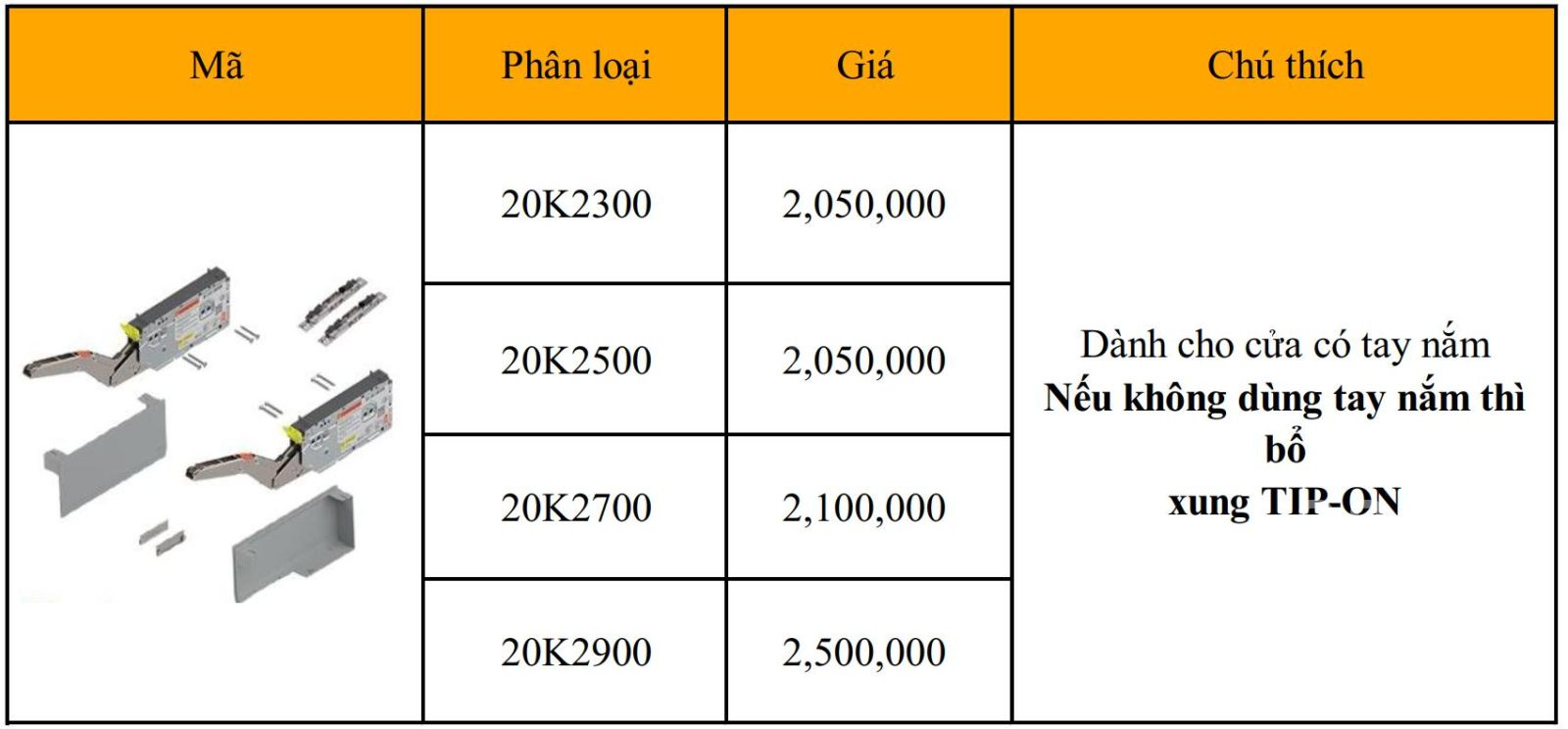 Bảng giá chi tiết Tay nâng AVENTOS HK Blum