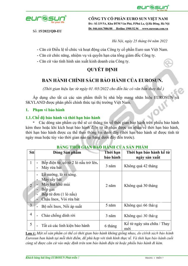 Chính sách bảo hành Eurosun - huga.vn