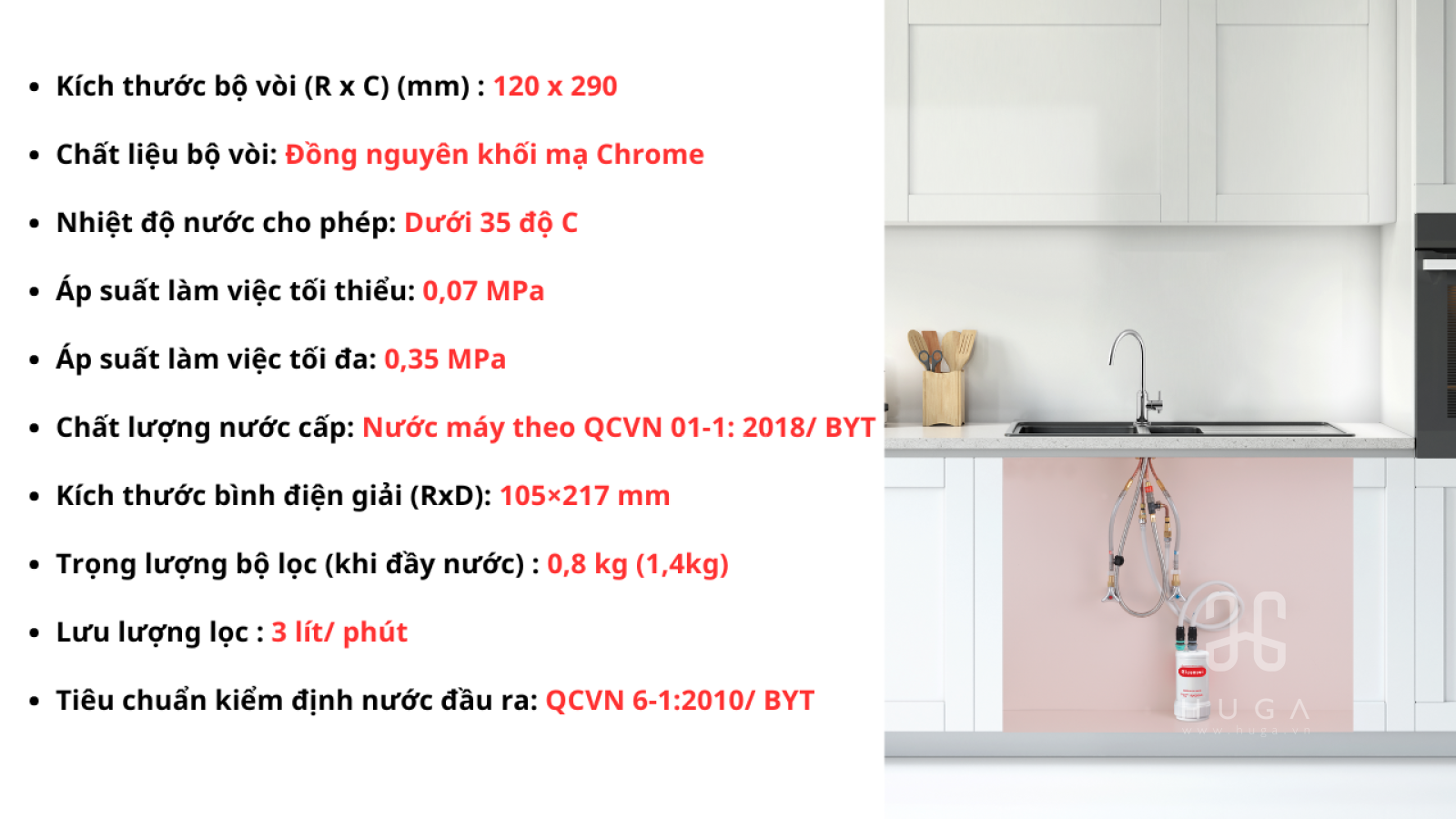 Thông số kỹ thuật thiết bị lọc nước tạo ion kiềm Mitsubishi Cleansui EU101
